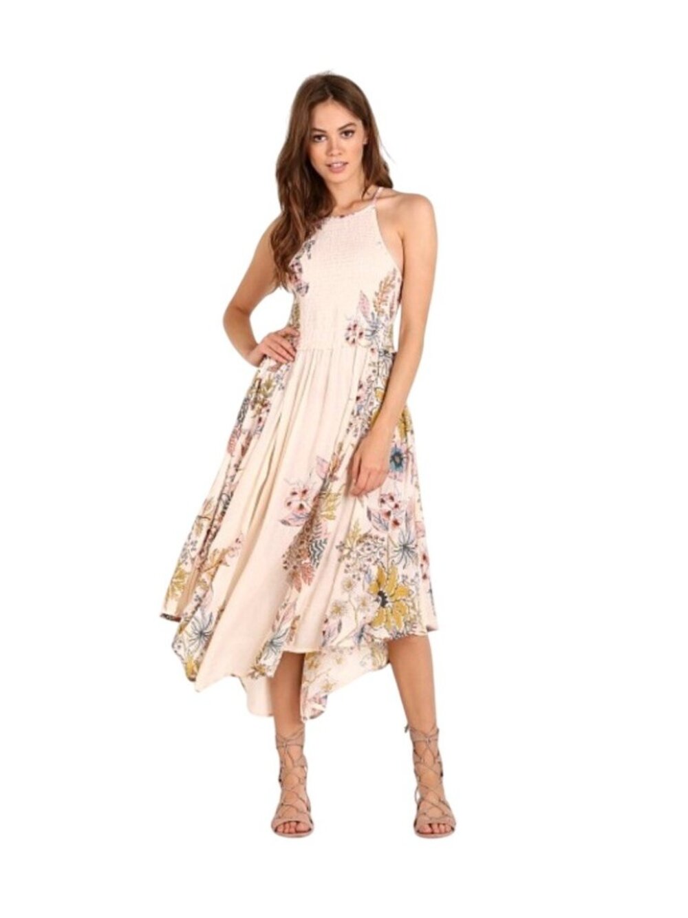 Free People Seasons in the Sun Midi Slip Dress Size M Ivory Combo Floral Smocked